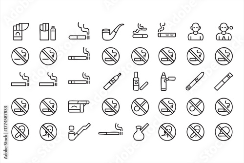 Vector outline icons of cigarette, vape, and no smoking signs for health awareness