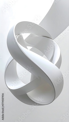 Abstract white sculpture a looped, intertwined ribbon form against a soft gray background