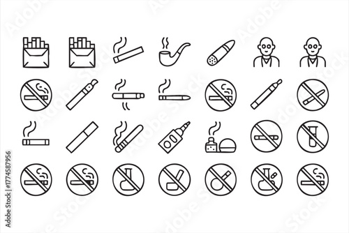 Tobacco and nicotine product icons pack with ban and health warning elements