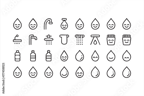 Minimal water droplet and faucet vector icon collection for sustainability themes