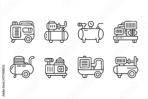 Industrial air compressor icon set in minimalist line art style