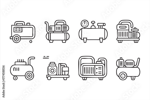 Black and white vector icons of pneumatic and mechanical equipment