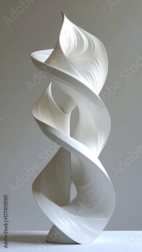 Abstract white sculpture twisting upwards against a soft gray background, airy aesthetic