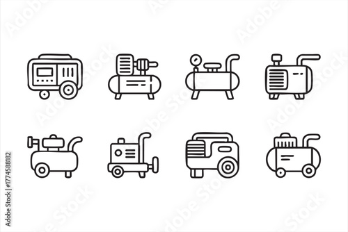 Air pressure and engineering equipment icons in monoline vector style