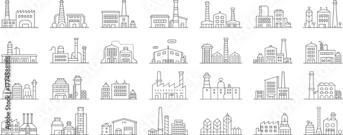 Industrial factory icon set, manufacturing plant line art, industrial 