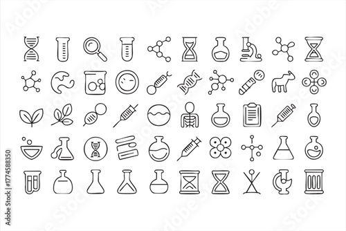 Black and white scientific symbols including test tubes and syringes