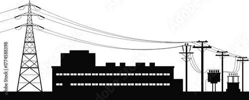 Electrical power distribution silhouette, transmission tower, utility poles, substation building, energy infrastructure, industrial facility, electricity network, grid system, black 