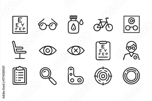 Optometry and vision care icon set in black and white line art style