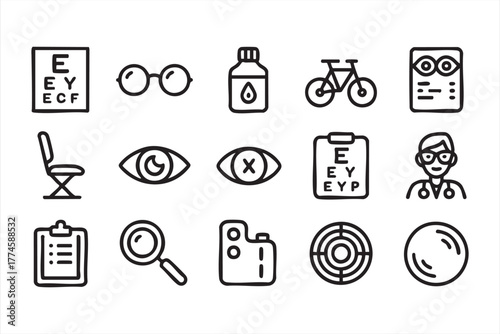 Vector icons of eye chart, glasses, and optometrist for medical design