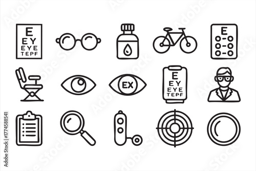 Minimal line art eye care and optical examination icons