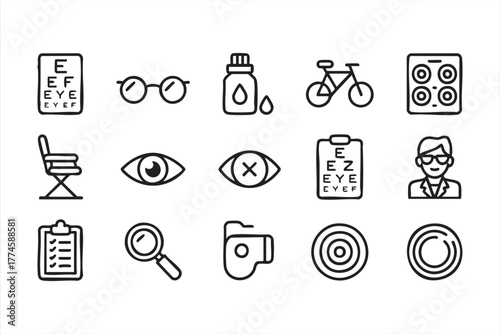 Outline medical icons representing vision, lenses, and eye health