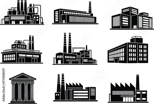 Industrial factory icon set, manufacturing plant silhouettes, energy production buildings, warehouse and power plant architecture symbols, heavy industry vector illustration for business design