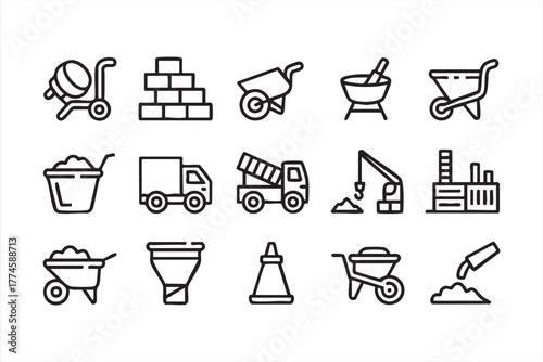 Vector outline icons of cement mixer, truck, and crane for industry design