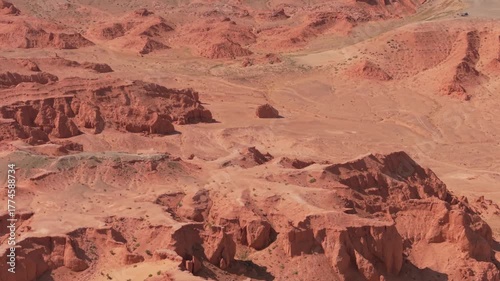 Aerial approach to Flaming Cliffs, Martian-looking landscape in the Gobi Desert, Mongolia