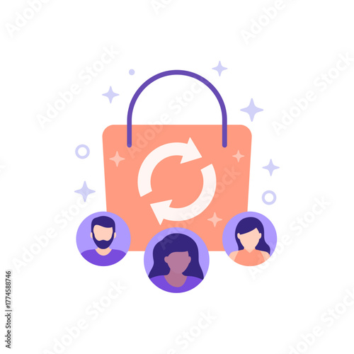 repeat customers vector illustration with shopping bag and people