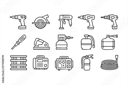 Power tools and workshop equipment icon set in black and white line art style