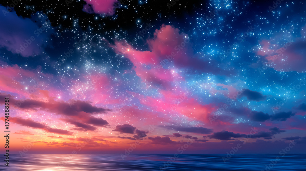Fototapeta premium 夕暮れの空と星が瞬く幻想的な海辺の風景