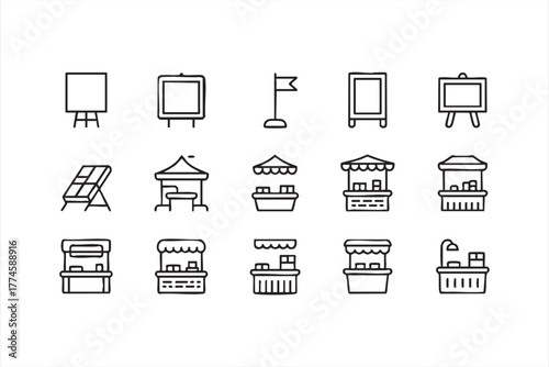 Market and shop booth vector icons representing trade and selling concepts