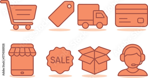 E-Commerce Line Icon Set with Coral-Orange Gradient