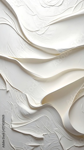 Abstract white textured swirls resembling flowing fabric, soft ridges and contours