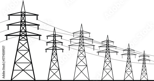 Electricity transmission towers, high voltage power lines, steel pylons, energy infrastructure, industrial grid, utility poles, rural landscape, engineering structure, power distribution 