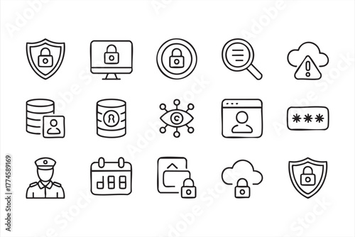 Minimal line art data security and encryption symbols for technology design