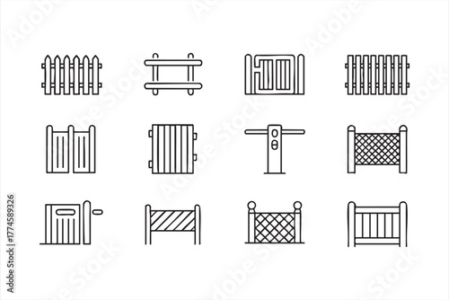 Vector outline icons of gates, walls, and security fences for design use