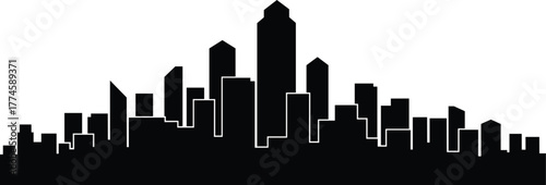 City skyline silhouette vector showing urban buildings, skyscrapers, architecture, downtown landscape, minimalist cityscape, modern infrastructure