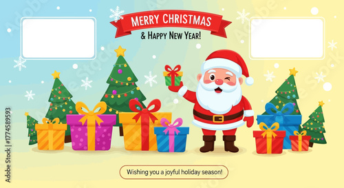 Cartoon Santa Claus winking and holding a gift, surrounded by festive Christmas trees and colorful presents, with a 'Merry Christmas & Happy New Year' banner.