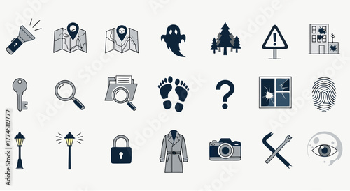 Unravel mysteries with detective icons: flashlight, map, footprints, clues