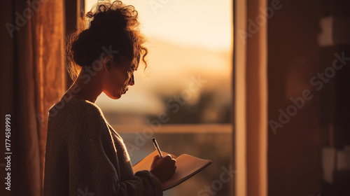 over-shoulder shot of a woman journaling in morning light near a window, warm tones, calm and reflective energy