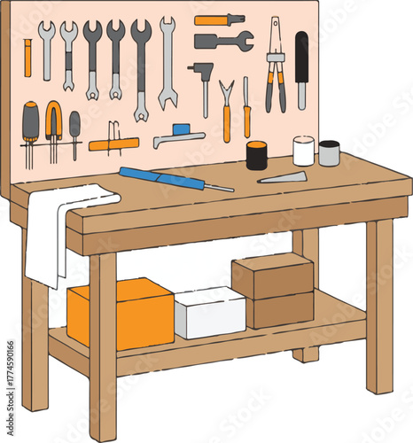 Workshop workbench vector illustration with various hand tools hanging on a pegboard above a wooden desk