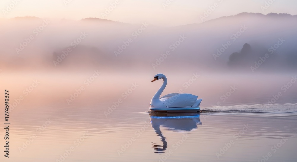 Fototapeta premium White swan gliding gracefully on calm water during sunrise with a misty background 