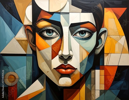 Abstract woman's portrait featuring geometric, cubist style in cool & warm toned fragments