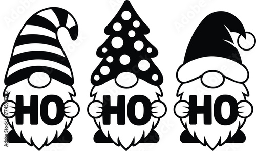 Festive gnomes with 'HO HO HO' designs bring joyful Christmas spirit to holiday decorations and seasonal projects