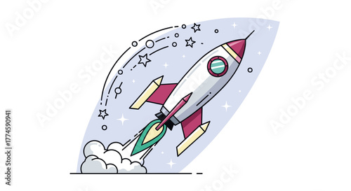 A vibrant, stylized rocket illustration ascends rapidly into a starry sky, symbolizing business growth, technological innovation, and successful project launches.