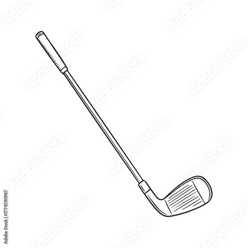 Hand-drawn Golf Club Icon. Black and white doodle sketch of a golf iron. Vector line art illustration of sports equipment.
