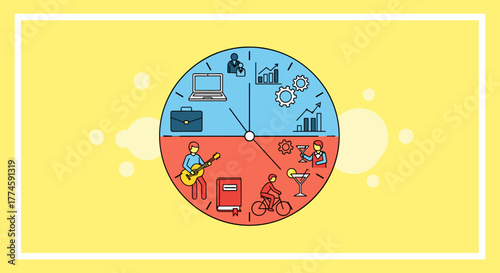 This vibrant illustration visually represents the delicate balance between professional work and personal leisure activities, emphasizing effective time management.