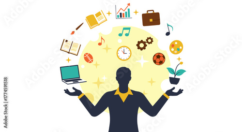 A silhouette figure expertly juggles diverse life elements including work, hobbies, education, and personal growth, symbolizing multitasking and balance.