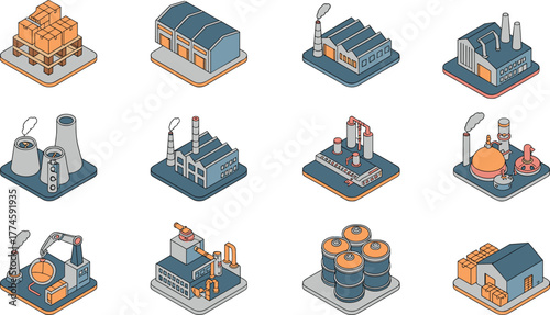 Isometric industrial facilities, factory, warehouse, refinery, robotic arm, cooling tower, chemical plant, vector illustration, logistics, automation, manufacturing, engineering, storage