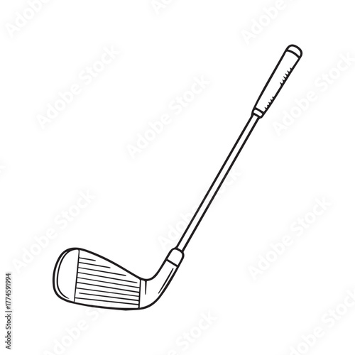 Hand-drawn Golf Club Icon. Black and white doodle sketch of a golf iron. Vector line art illustration of sports equipment.
