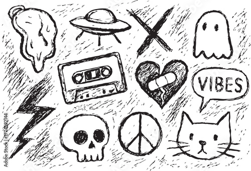 Grunge Doodle Icon Set, Skull Cassette UFO Vibes, Alternative Youth Culture Symbols, Hand Drawn Vector Collection