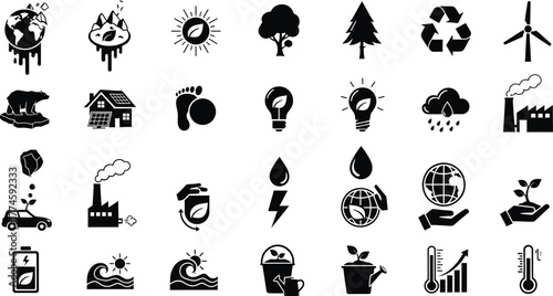 Collection of environmental protection and sustainability icons representing global warming and clean energy isolated on transparent background