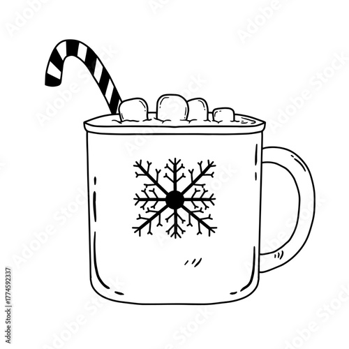 Hot chocolate mug with marshmallows and candy cane outline isolated on white background. Hand drawn doodle style winter drink cup clipart
