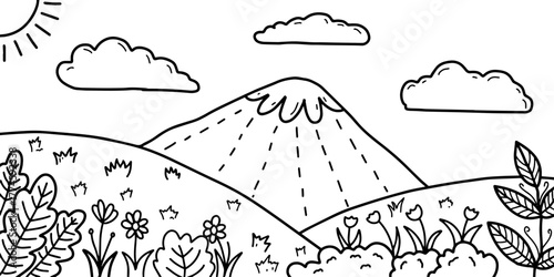 Nature landscape doodle line art vector illustration. Kids coloring page of mountain and flower field. Hand drawn illustration in doodle style