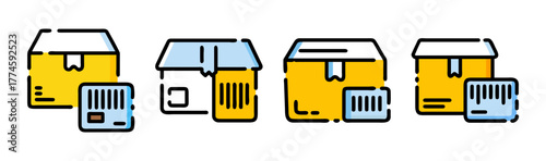 Shipping and logistics package icons with barcode for delivery service