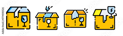 Set of four damaged cardboard boxes with fragile symbols