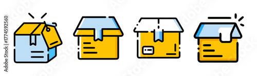 Collection of open and closed shipping boxes with labels