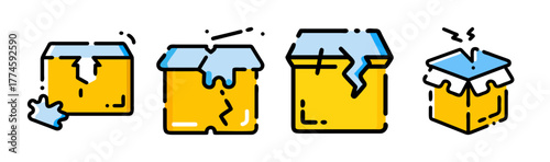 Damaged cardboard box set vector illustration icons