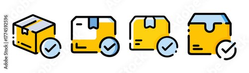 Set of four stylized shipping boxes with checkmarks